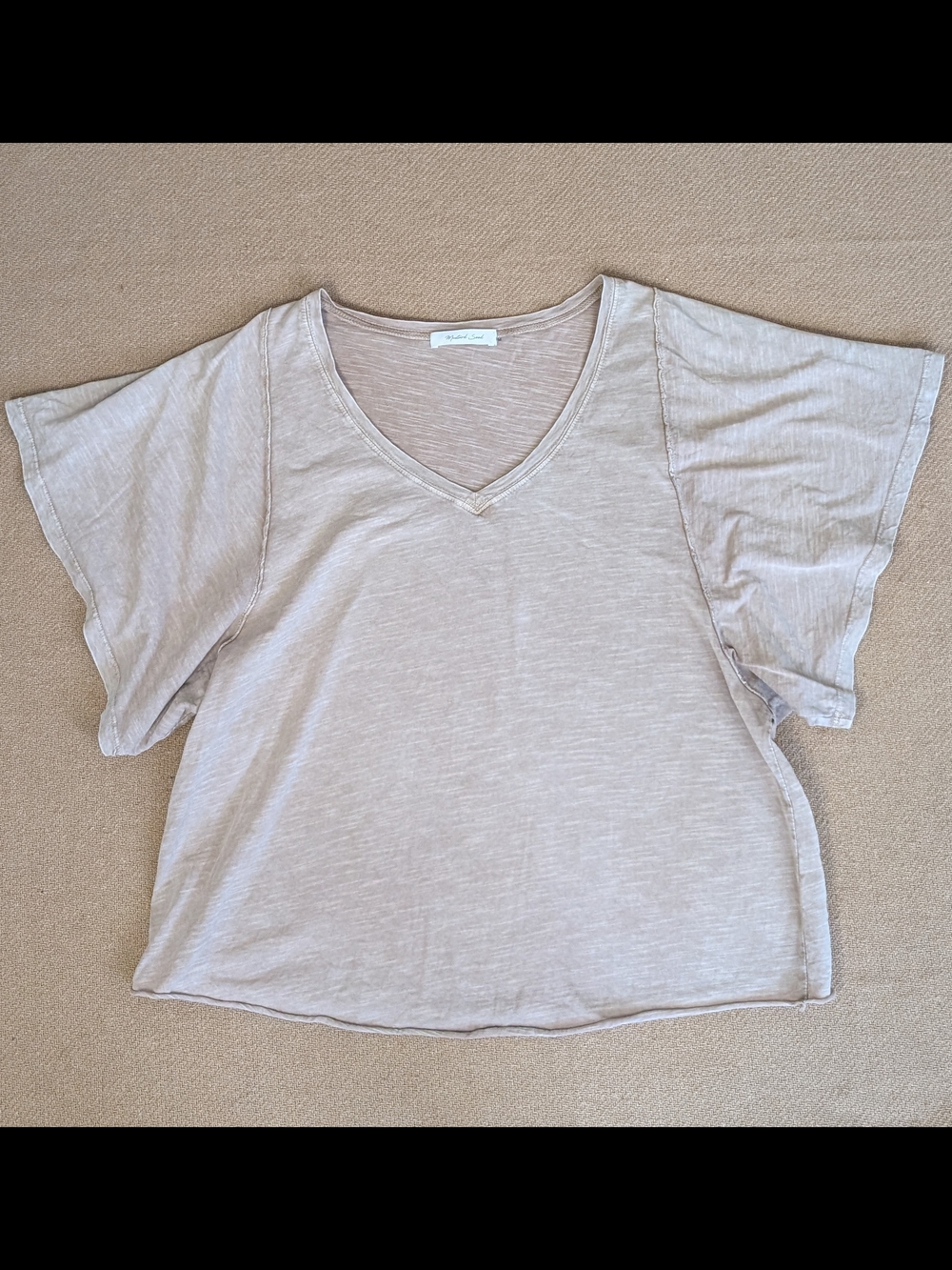 Mustard Seed Beige Tan Boxy Flowy V Neck Lightweight Short Sleeve Cotton T Shirt